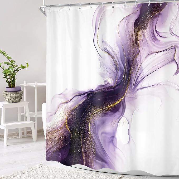 Cinbloo Purple Shower Curtain 60Wx72H Abstract Marble Ombre Gold Bathroom Decor - Image 3