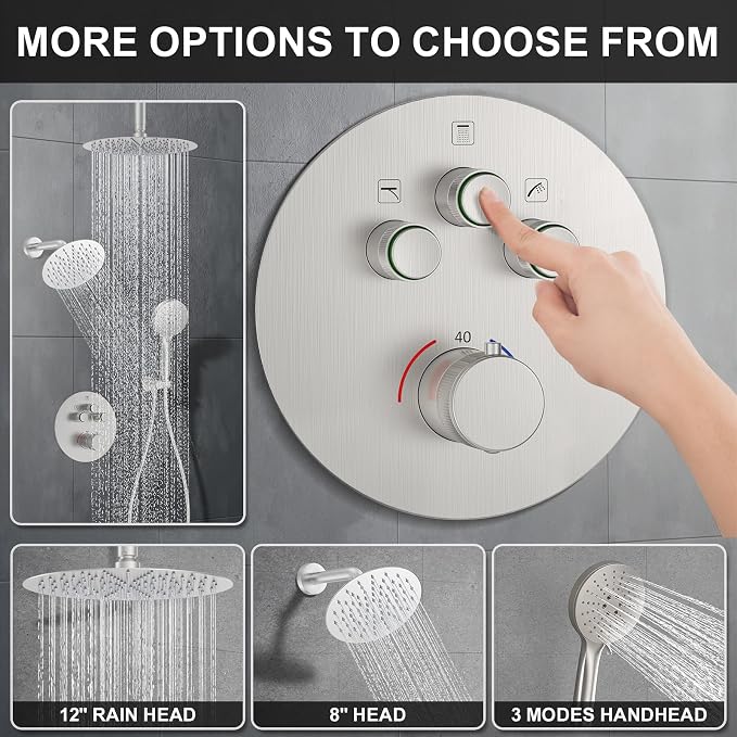 KOJOX Brushed Nickel Thermostatic Shower System, Push Button Diverter Shower - Image 3