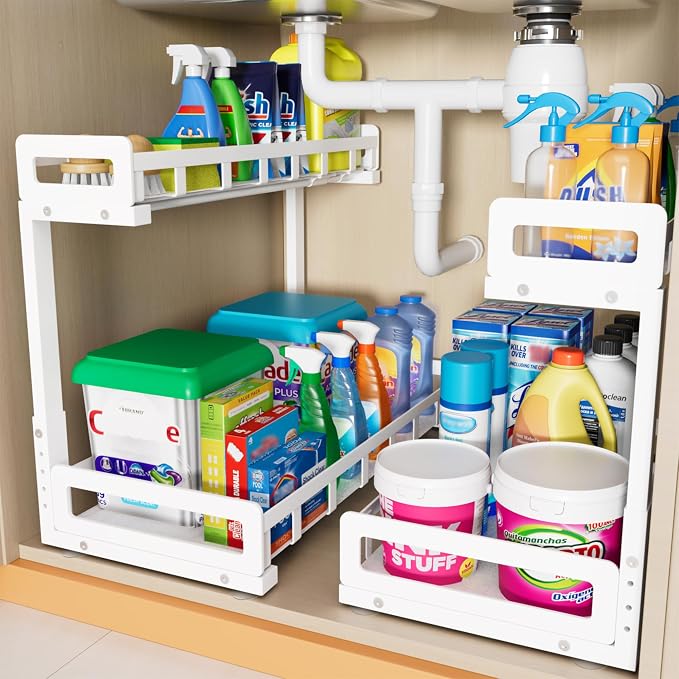 Under Sink Organizer 2 Pack, Metal Large Capacity 2-Tier Sliding Cabinet by Luosiviwi