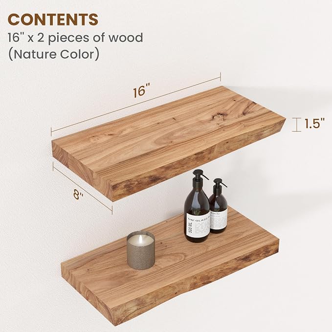Floating Shelves for Wall Decor, Rustic Solid Elm Wood Live Edge Floating - Image 2