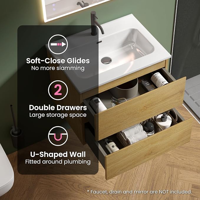 24" Bathroom Vanity with Sink, Modern Floating Vanity with Double Soft Closing - Image 5