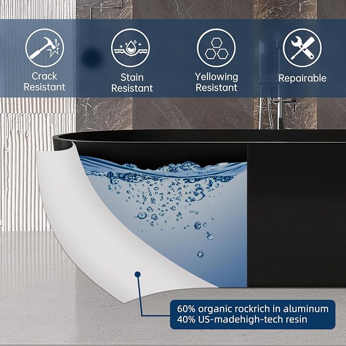 69" Stone Resin Freestanding Bathtub, Oval Solid Surface Bathroom Freestanding - Image 9