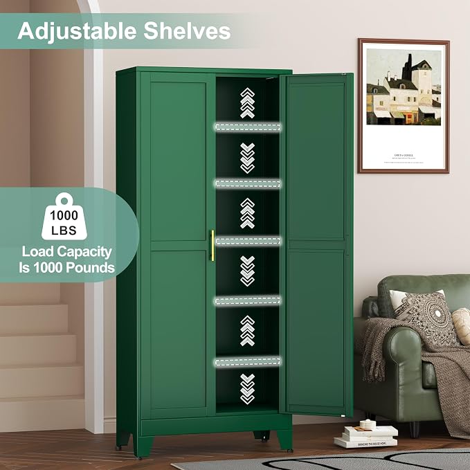 Metal Pantry Cabinet with 2 Doors and 5 Adjustable Shelves, Versatile Storage - Image 4