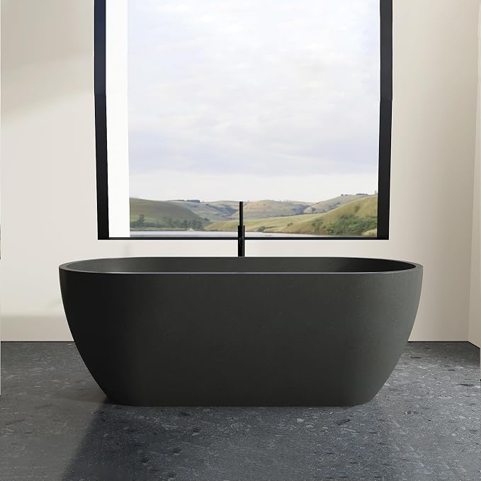 Stone Resin Freestanding Bathtub 63", Terrazzo Bathtub Soaking Tub, Solid - Image 4