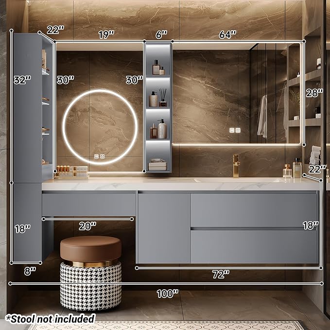 Floating Bathroom Vanity with Makeup Table, Single Sink Bathroom Vanity - Image 2
