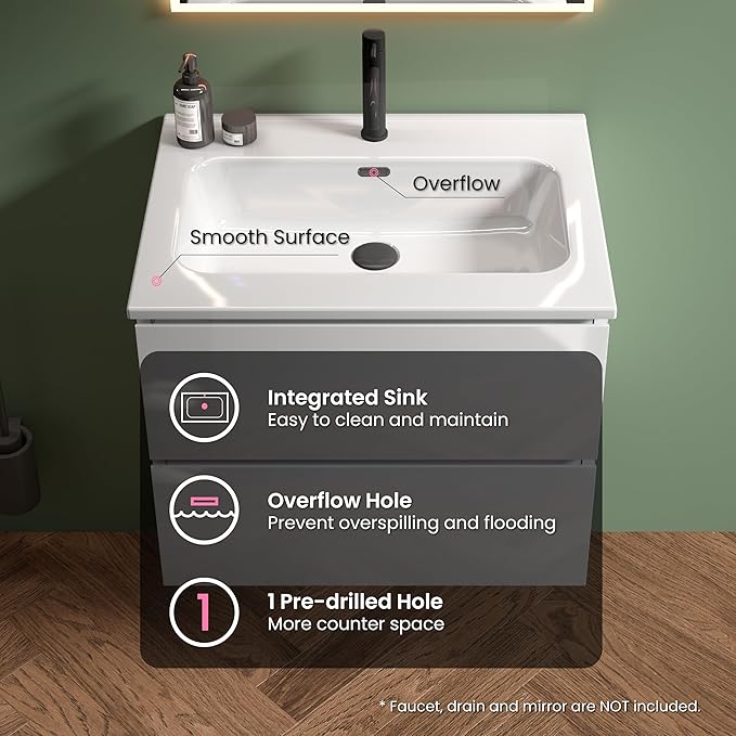 24" Bathroom Vanity with Sink, Modern Floating Vanity with Double Soft Closing - Image 4