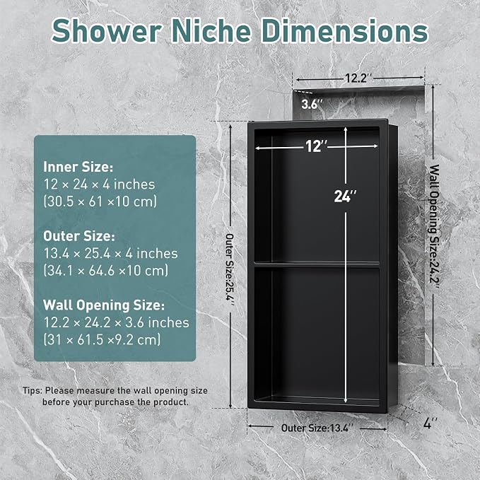 No Tile Needed Shower Niche, Recessed Black Stainless Steel Wall Cabinet Insert - Image 2