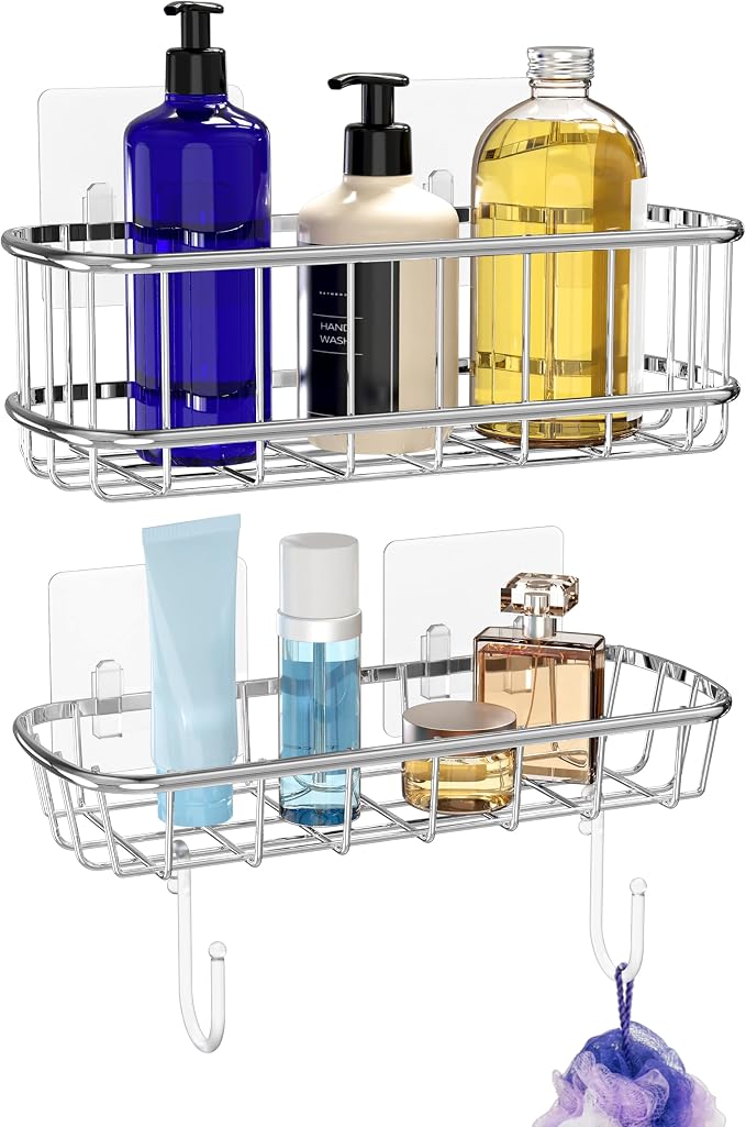 Simple Houseware Bathroom Adhesive Wall Mount Standard Shower Caddy w/Hooks - Image 4