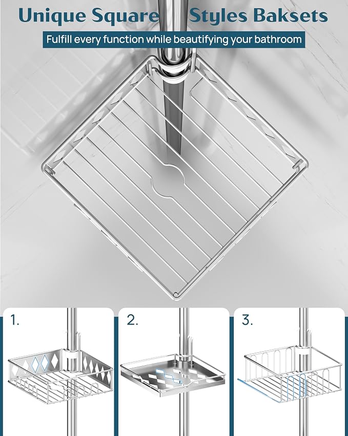 SElRIONE Corner Shower Caddy Tension Pole, Quick Setup, Rust-Free Bathroom - Image 6