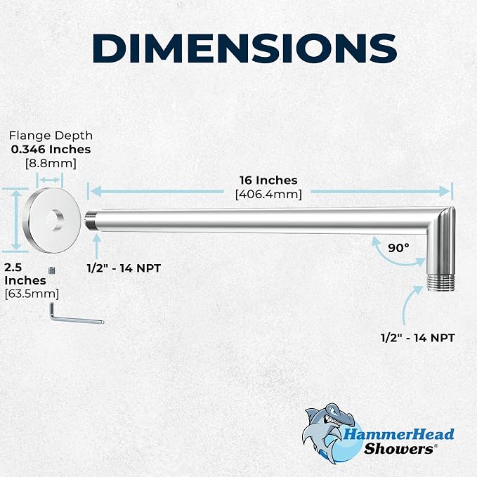 HammerHead Showers® Solid Metal 16 Inch Extended Shower Arm and Flange - Image 5