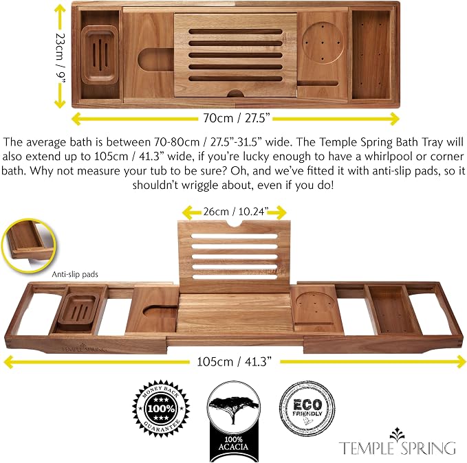 Temple Spring Wooden Bathtub Tray, Acacia Bathroom Accessories, Bath Tray - Image 3