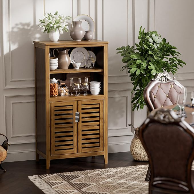 HITNET Walnut Bathroom Floor Cabinet, Bamboo Side Tall Storage Organizer - Image 9