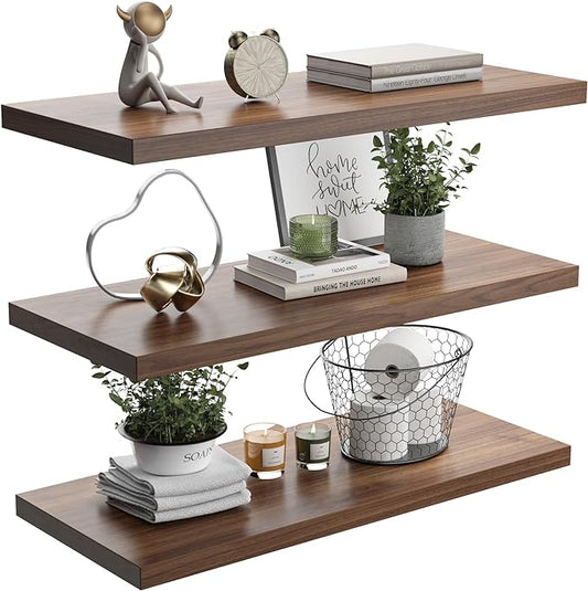 Wall Shelf Set of 3, Walnut Floating Shelves 24 in W x 10 in D x 1 in H by Home