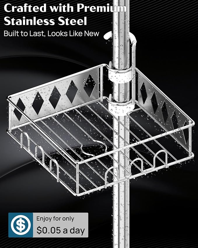 SElRIONE Corner Shower Caddy Tension Pole, Quick Setup, Rust-Free Bathroom - Image 7