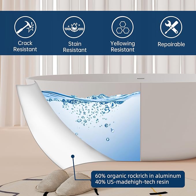 65'' Freestanding Bathtub Resin Stone Soaking Freestanding Tubs Matte Solid - Image 5