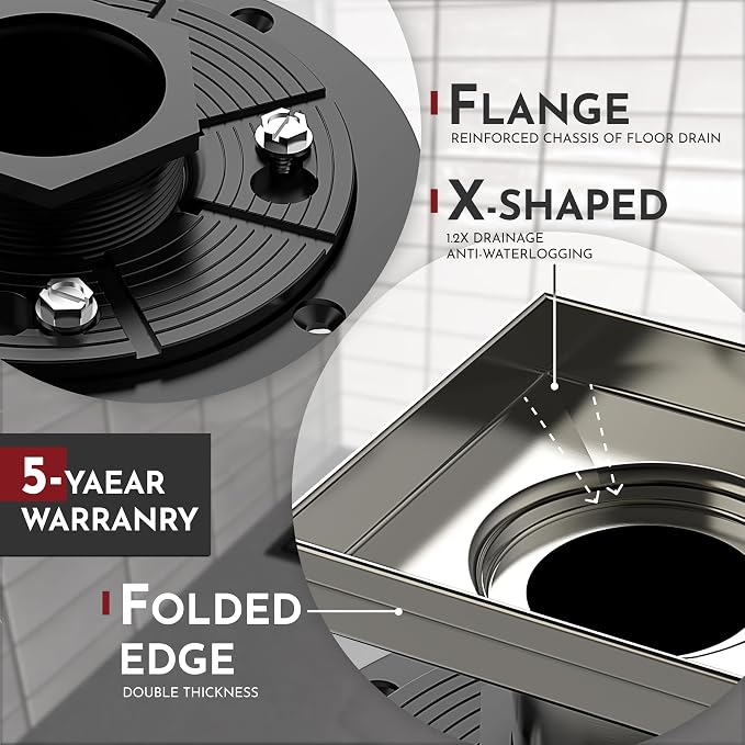 WEBANG 4 Inch Square Shower Drain Nickel Floor Drain - Image 3