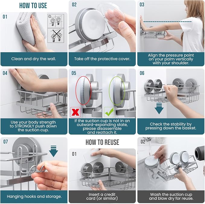 TAILI Corner-adaptive Suction Cup Shower Caddy 2 Pack, Stainless Steel - Image 8