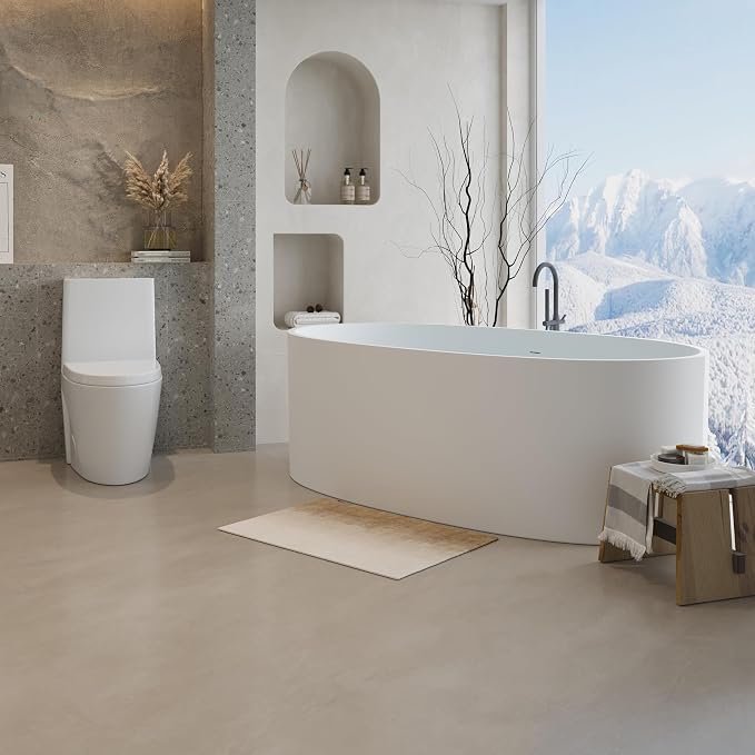 Abruzzo 65" Matte White Freestanding Solid Surface Bathtub, Stone Resin - Image 2