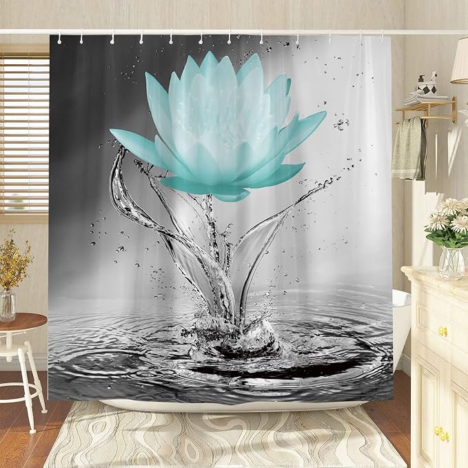 Lotus Shower Curtain Black White Grey Teal Flower Elegant Blooming Floral - Image 3