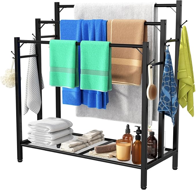 3 Tier Towel Rack with Large Storage & 6 Hooks, Blanket Rack by HAVENLYYOUTH