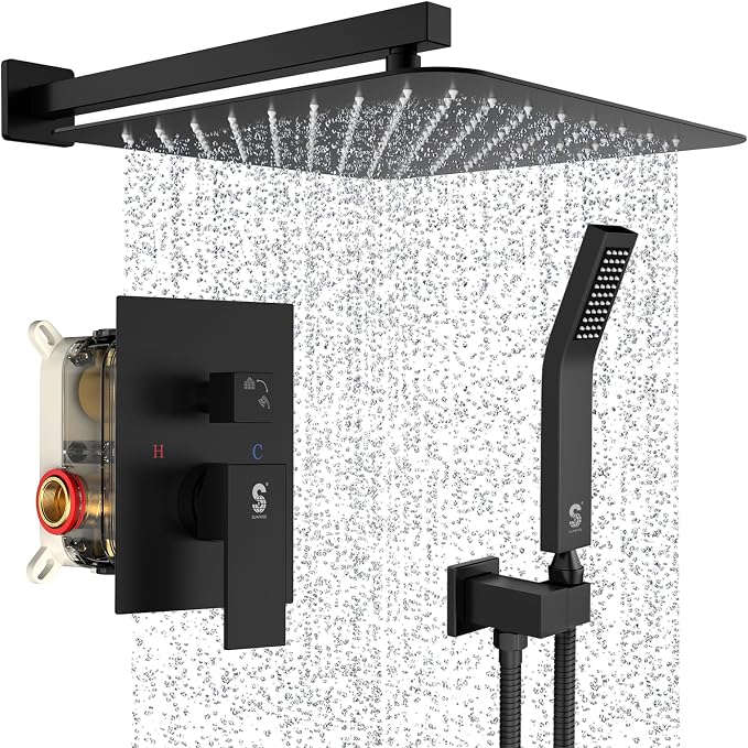 SR SUN RISE Matte Black Square Rainfall Shower Head and Handle Set, Wall by SRSUNRISE