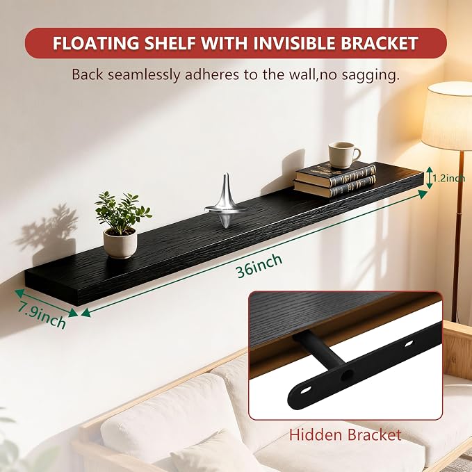 ROGMARS Black Floating Shelves for Wall, 36 inch Rustic Wooden Floating Wall - Image 2