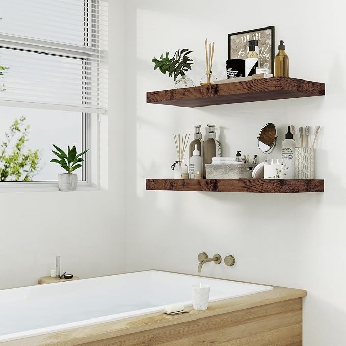 12" Deep Rustic Brown Floating Shelves, Over Toilet Long Wall Mounted Modern - Image 6