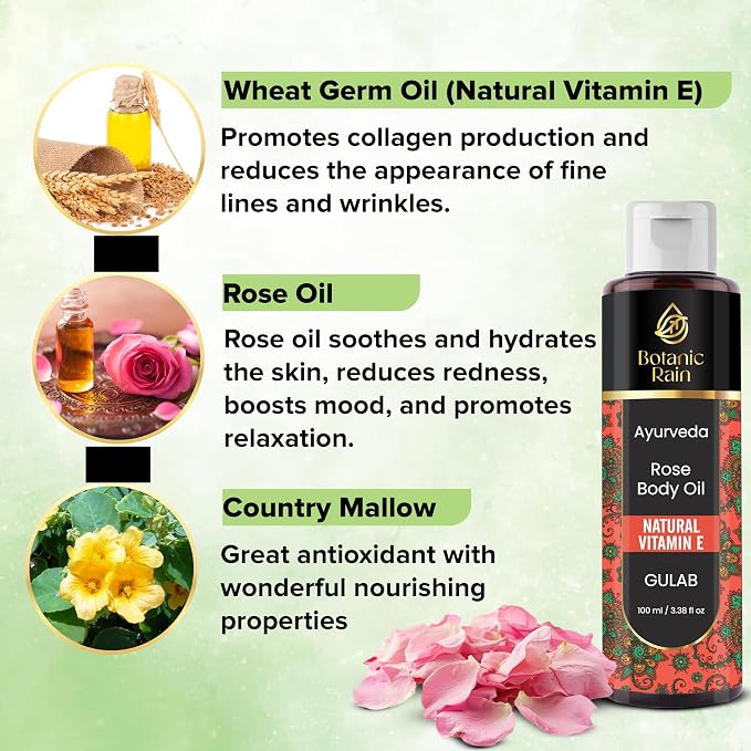 Ayurveda Rose Body Oil, Moisturizing & Hydrating Organic Vitamin E Oil - Image 4