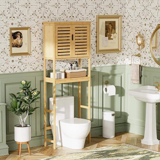 SMIBUY Bathroom Over The Toilet Storage Cabinet, 2 Door Bamboo Cabinet Organizer - Image 5