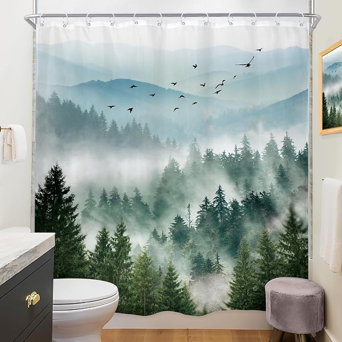 Riyidecor Long Green Shower Curtain 72Wx78H Inch Mountain Scenery Natural Pine - Image 4