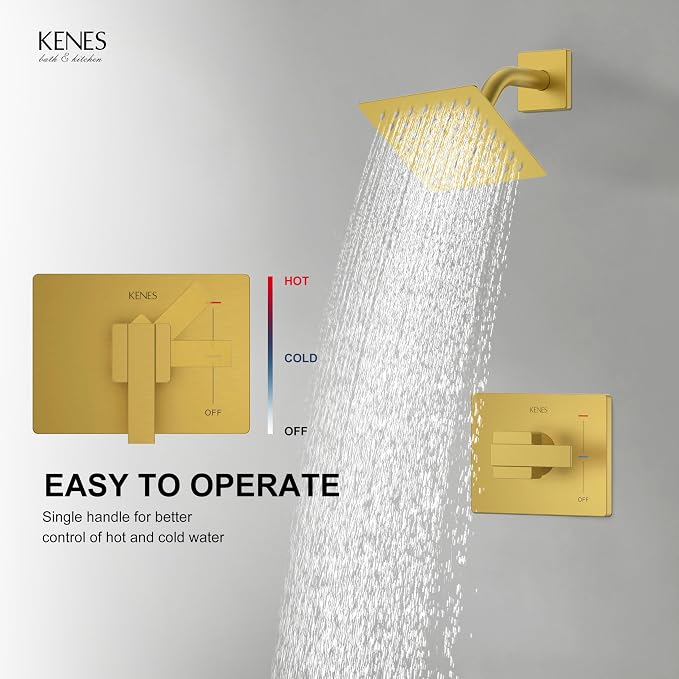 KENES Brushed Gold Shower Faucet, Modern Square 6-Inch Shower Head and Handle - Image 4