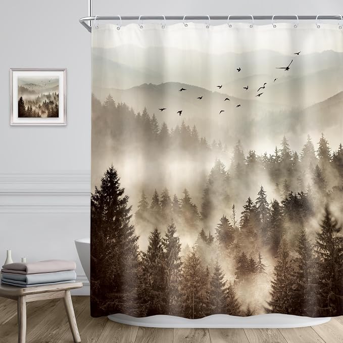 Riyidecor Foggy Mountain Shower Curtain 60Wx72H Inch Nature Rustic Woodland - Image 3