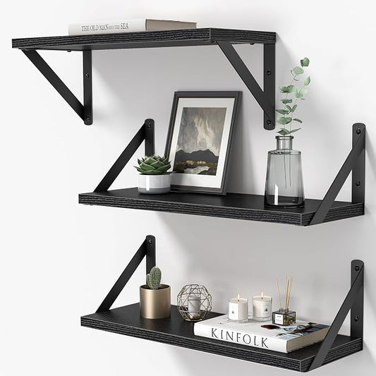 Heimlove Floating Shelves for Wall, 16 Inch Long Wood Floating Shelves Set of 3 by Heimlove