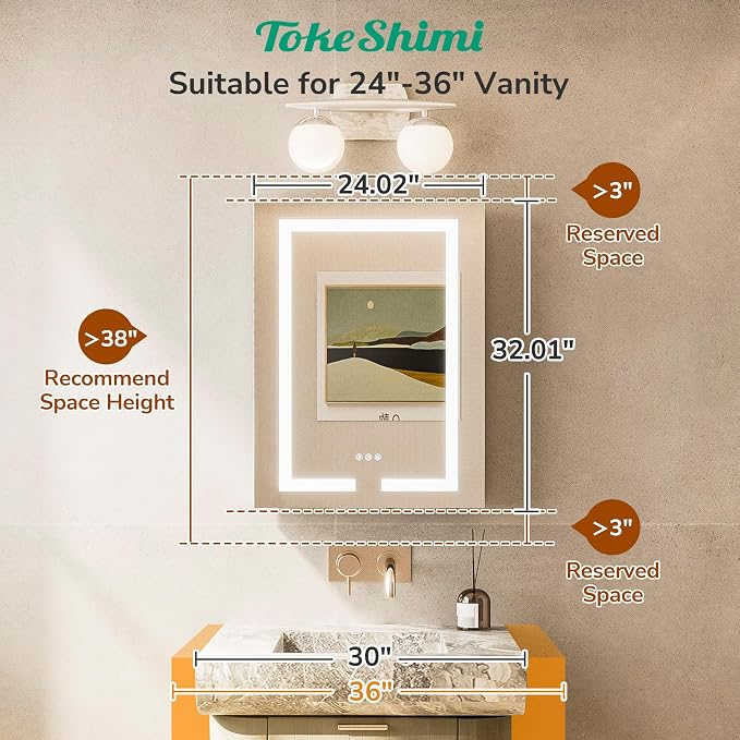TokeShimi 24x32 Anti-Fog Led Medicine Cabinet Mirrored - Image 3