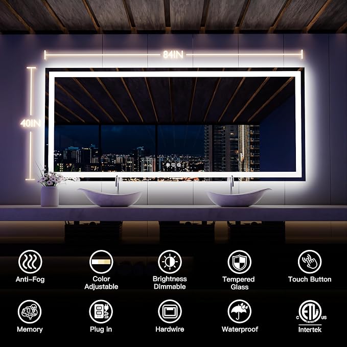 ISKM 84'' x 40'' LED Mirror for Bathroom Lighted Vanity Mirror for Wall Front - Image 7