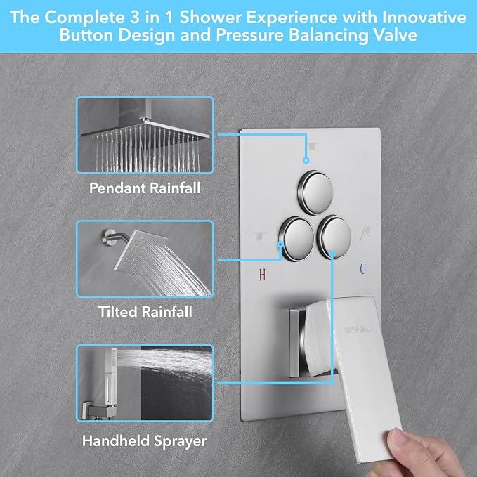VANFOXLE Shower Faucet Set Brushed Nickel Shower System, Push Button Diverter - Image 2