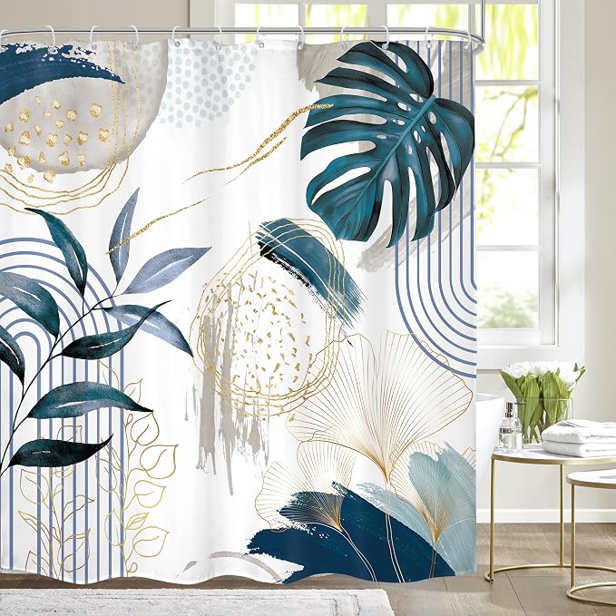 Navy Blue Boho Shower Curtain 72Wx72H Modern Mid Century Abstract Gold Tropical by MitpokBrand