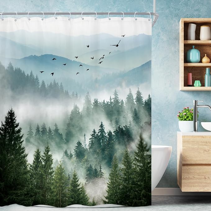 Riyidecor Green Shower Curtain 54Wx78H Inch Long Rustic Mountain Scenery Pine by Riyidecor