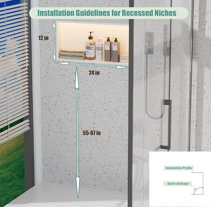 24"x12" Lighted Shower Niche ，Stainless Steel Waterproof Shower Storage - Image 5
