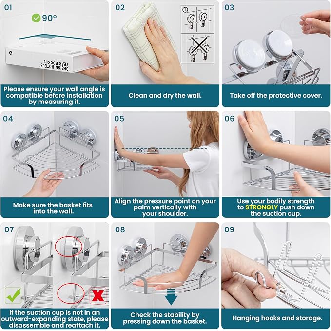 TAILI 2 Pack Powerful Suction Cup Corner Shower Caddy, Stainless Steel - Image 9