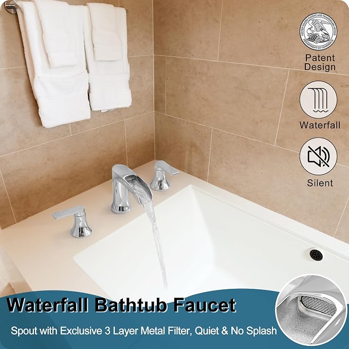 Chrome Deck Mount Tub Faucet 3 Hole, Brass Widespread Waterfall Bathtub Faucet - Image 2