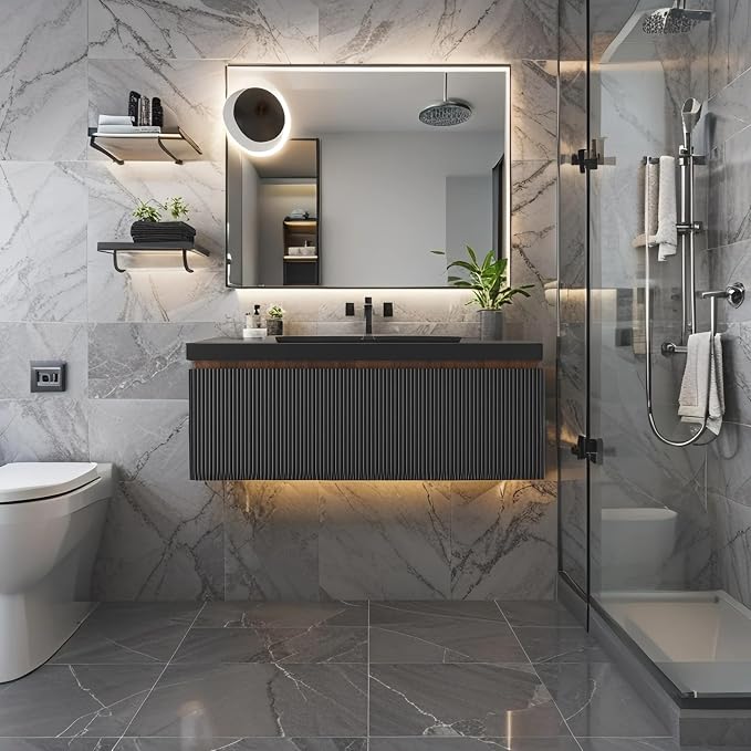 42'' Modern Floating Bathroom Vanity Sink Combo, Wall-Mounted Striped Cabinet by VUMALL