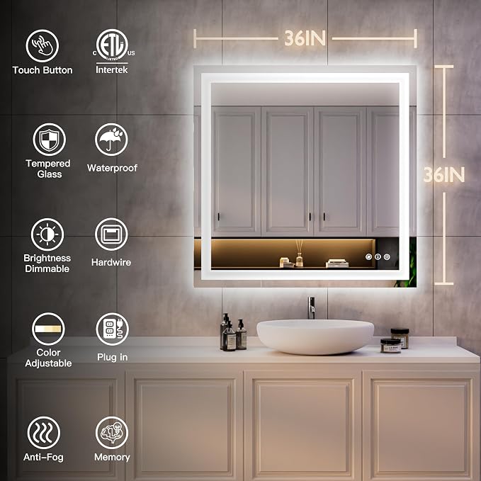 ISKM 36'' x 36'' LED Mirror for Bathroom Lighted Vanity Mirror for Wall Front - Image 7