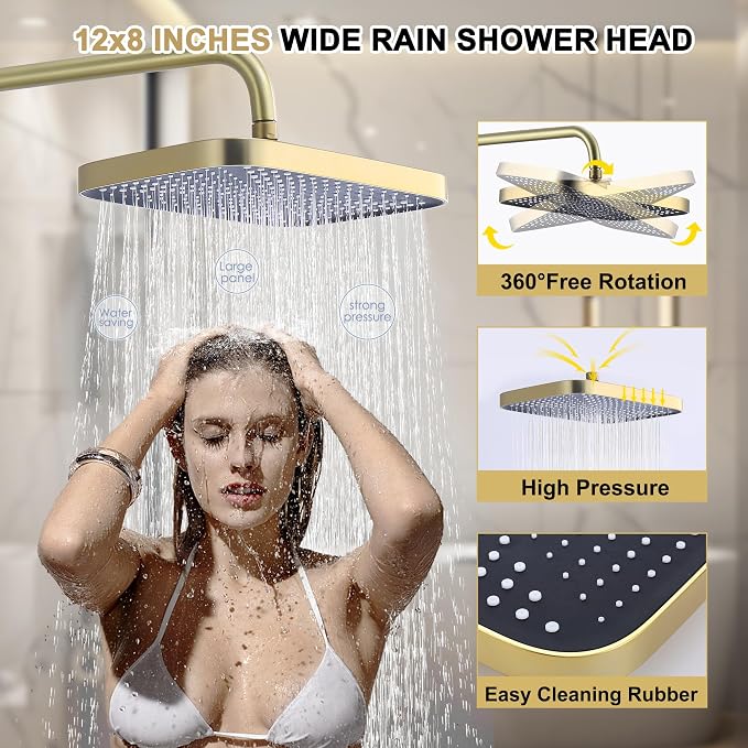 Shower Systems with 12 x8 Inches Rain Shower Head, Brushed Gold Exposed Pipe - Image 4