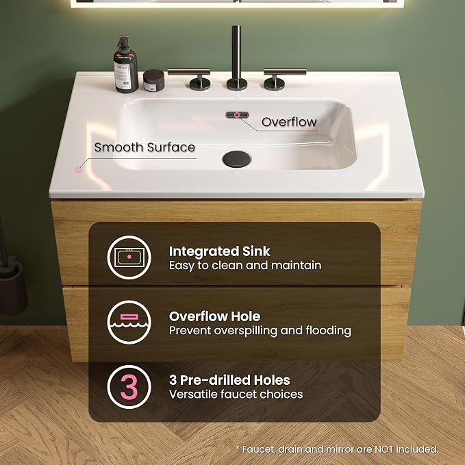 30" Bathroom Vanity with Sink, Modern Floating Vanity with Double Soft Closing - Image 4