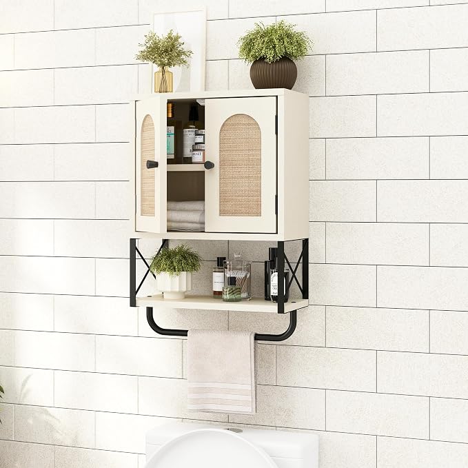 RUSTOWN Rattan Bathroom Wall Cabinet, Boho Over The Toilet Storage Cabinet - Image 4