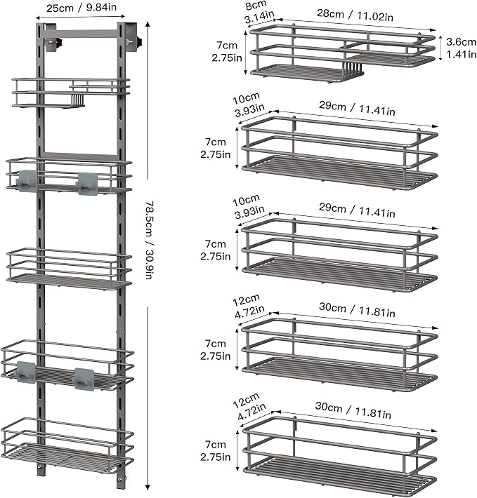 Orimade Over The Door Shower Caddy Adjustable 5 Tier Dark Grey, Bathroom - Image 8
