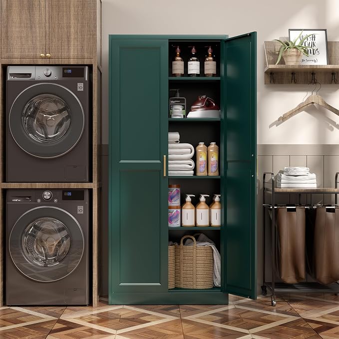 Kitchen Pantry Cabinet, 71”Green Metal Pantry Storage Cabinets - Image 6