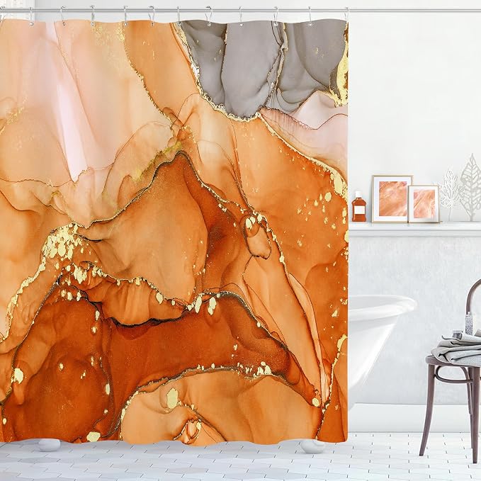 Orange Marble Shower Curtain 60x72, Burnt Orange Modern Abstract Fabric Shower by BayNook