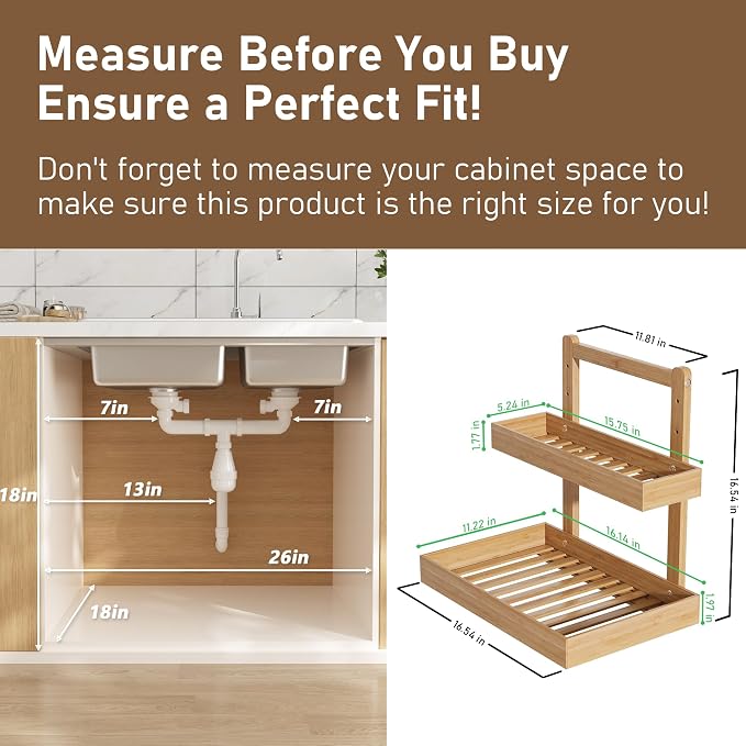 Bamboo Under Sink Organizer and Storage, 2 Tier Pull Out Cabinet Organizer - Image 2